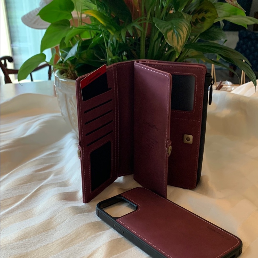 Burgundy Wallet Phone Case with Magnetic Detachable Holder